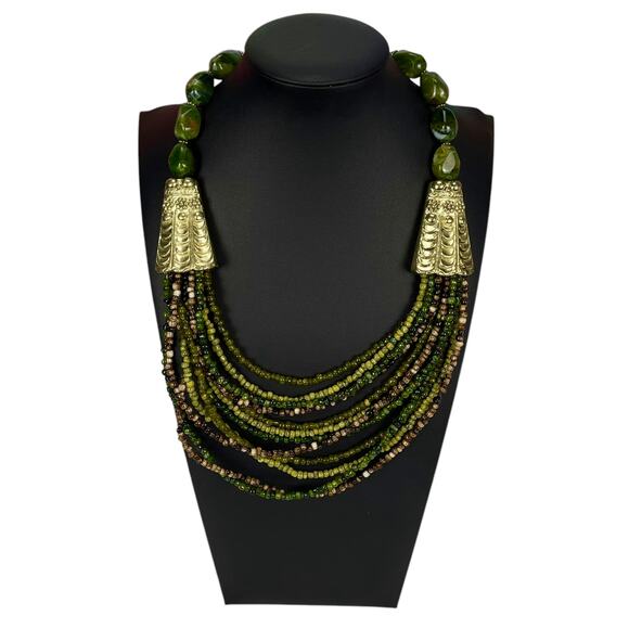 Women's LAYERED FASHION NECKLACE Green BEADED 20" Long - Picture 1 of 5